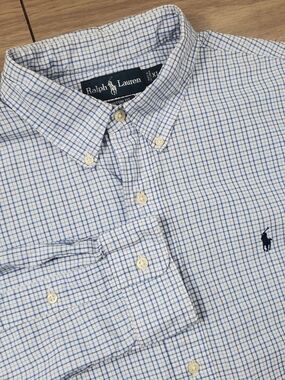 Ralph Lauren Custom Fit Blue White Check Button Down Shirt Men's XL Cotton
